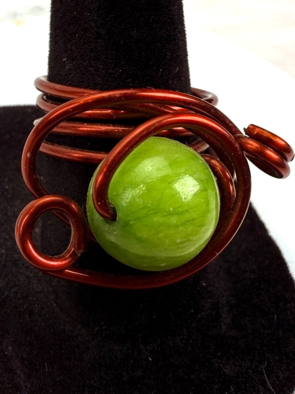 Bohemian chic wire wrapped green center size 7 ring